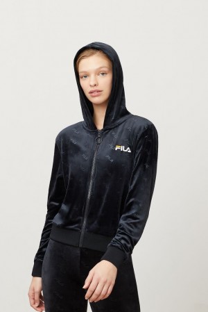 Fila Cipriana Embossed Velour Hoodie Blk/Wht | DIKX75148