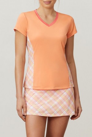 Fila Mad For Plaid Short Sleeve V-neck Top Coral | DSLG17435