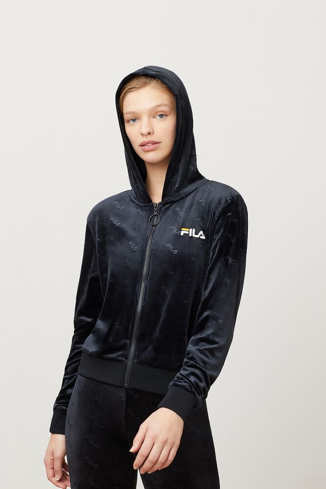 Fila Cipriana Embossed Velour Hoodie Blk/Wht | IZKX16783