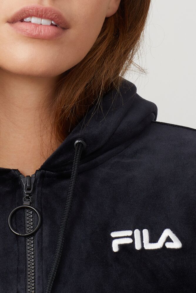 Fila Lou Cropped Velour Hoodie Blk/Wht | CWDS27394