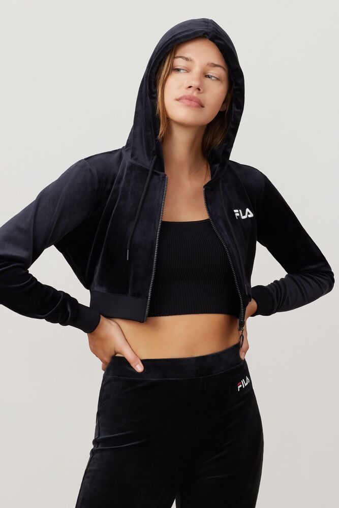 Fila Lou Cropped Velour Hoodie Blk/Wht | CWDS27394